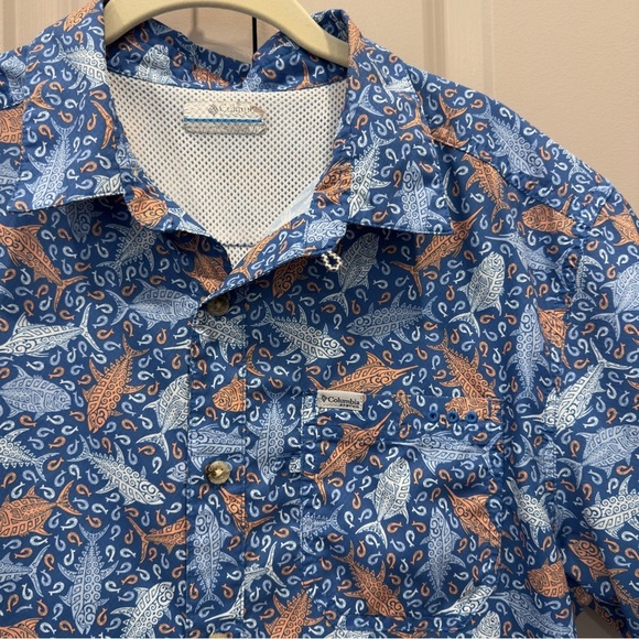 Columbia Super Slack Tide Camp Fishing Shirt M Blue Orange - Picture 2 of 11
